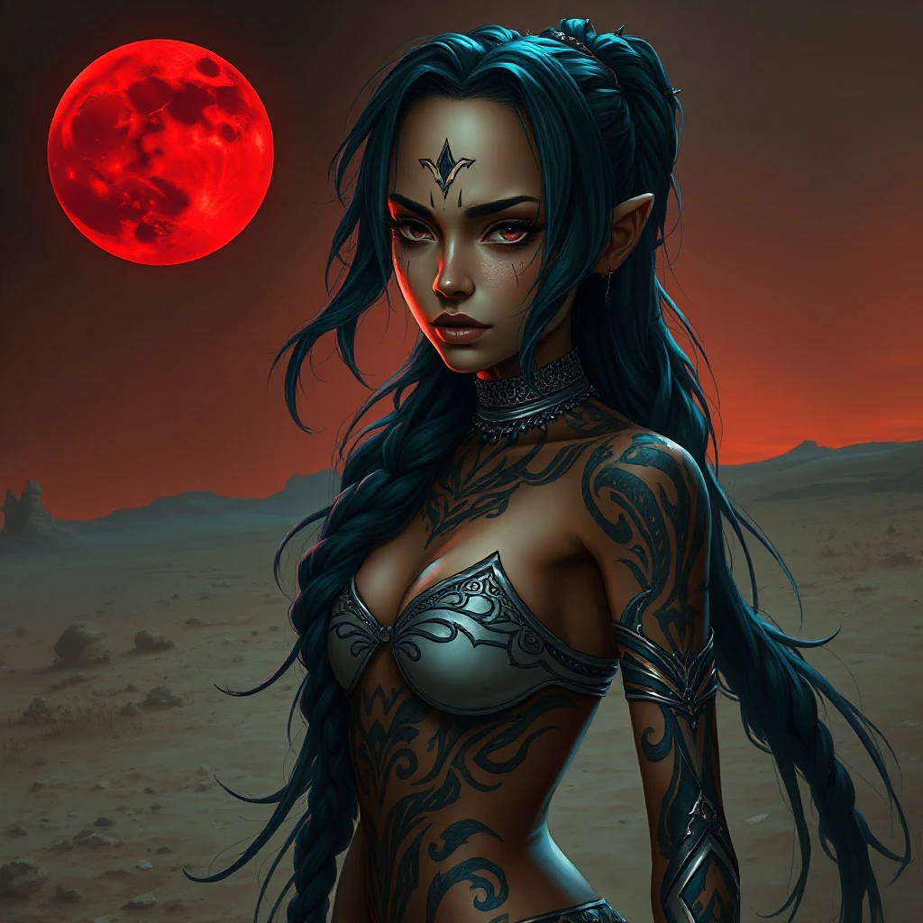 Vayne, the nightstalker, her body decorated with bold, tribal tattoos that glow faintly in the dark, standing in a desolate wasteland under a blood-red moon.