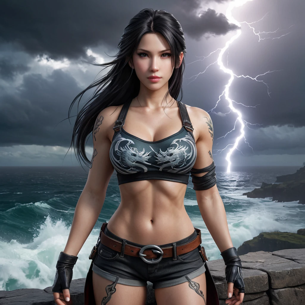 Tifa Lockhart with mystical, dragon-themed tattoos winding around her arms and chest, standing on a cliff overlooking a stormy sea, with lightning illuminating the sky.