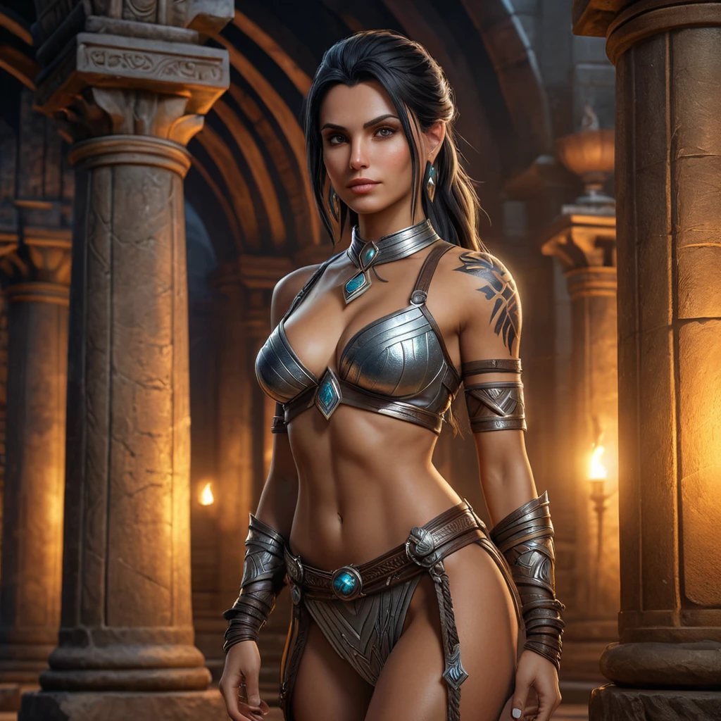 Nidalee, the powerful warrior from The Witcher 3, with tattoos that shimmer with ancient magic, standing in a grand, ancient temple, surrounded by towering stone pillars and flickering torchlight.