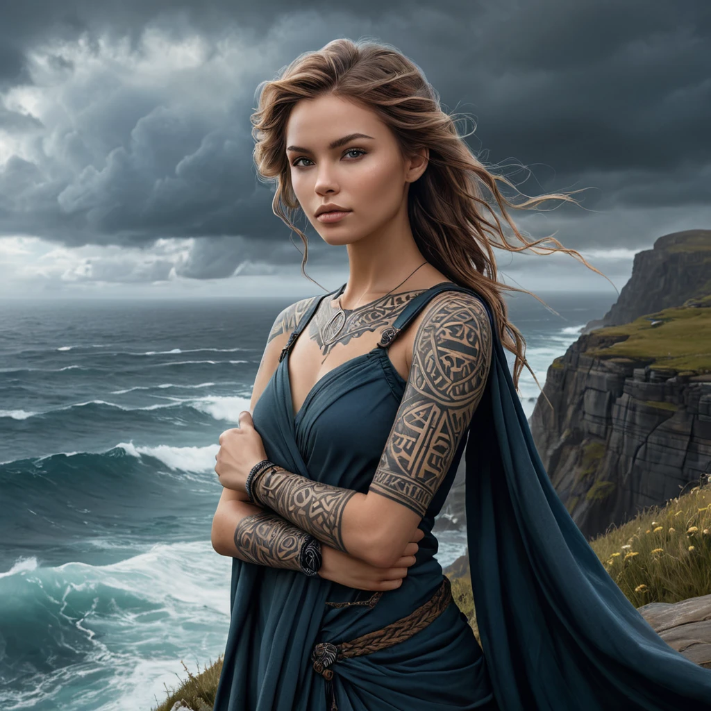 Lux, the keeper of light, her arms and face covered in ancient, runic tattoos that pulse with magical power, standing on a cliff overlooking a vast, stormy ocean.