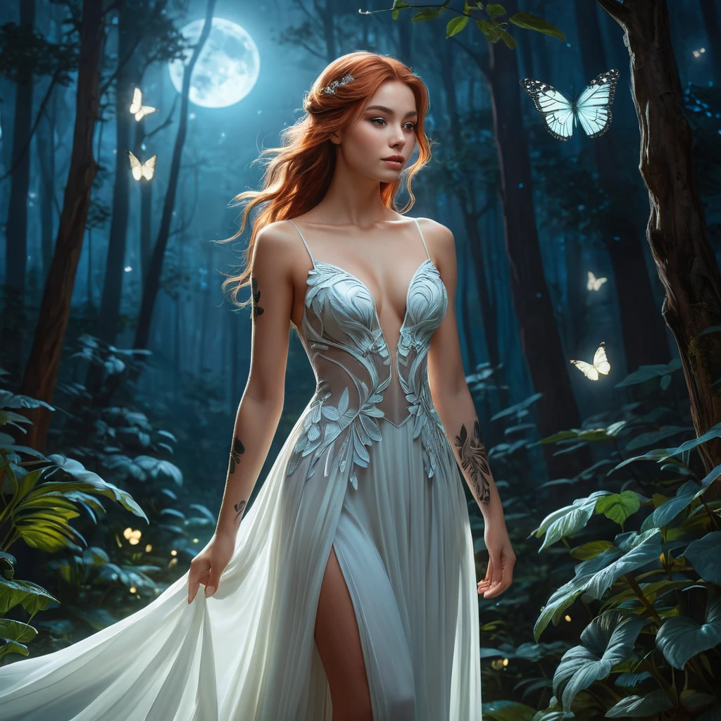 Katarina, a ethereal beauty with delicate butterfly tattoos fluttering across her shoulders and neck, wearing a flowing white gown, standing in a moonlit forest with bioluminescent plants glowing around her.