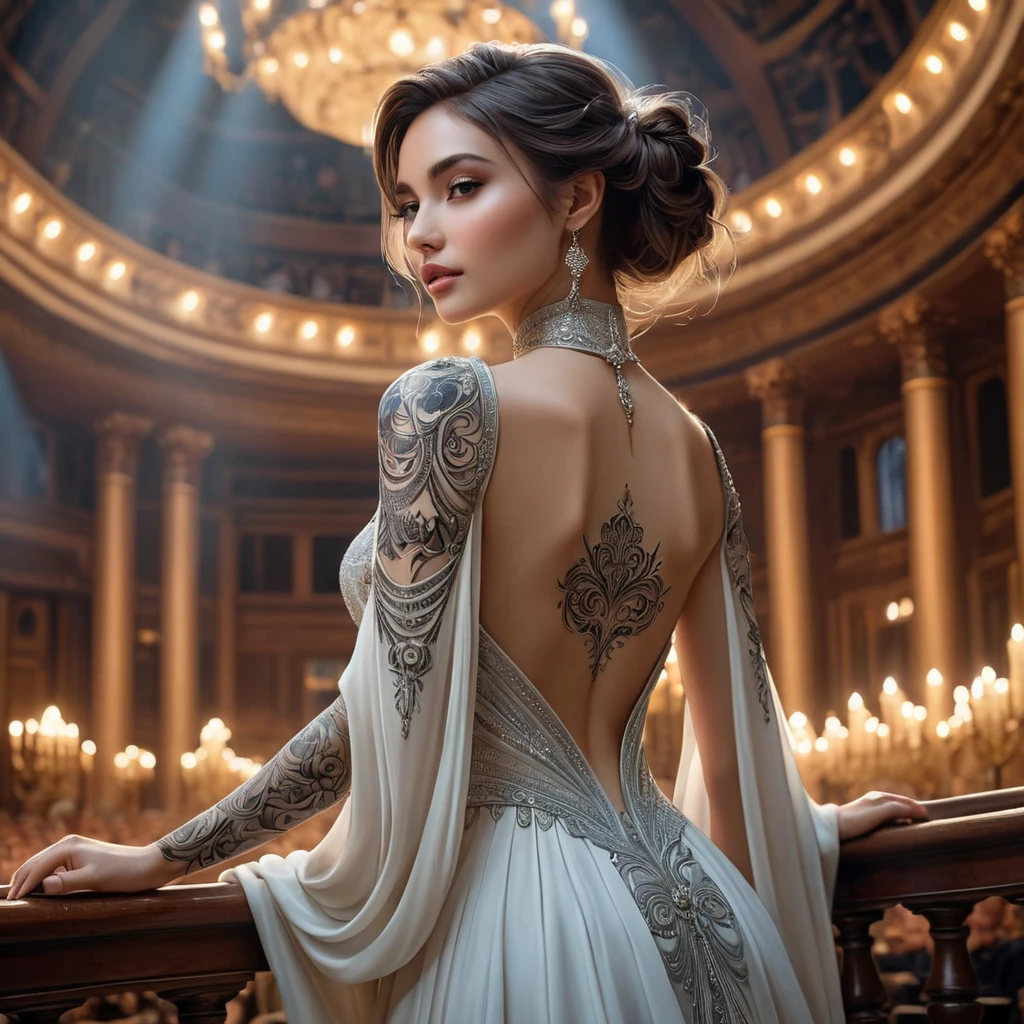 Sona, the silent enchantress, with elegant, musical-themed tattoos that cover her arms and back, wearing a flowing, ethereal gown with a high collar, standing in a grand, candlelit concert hall with her etwahl in hand.