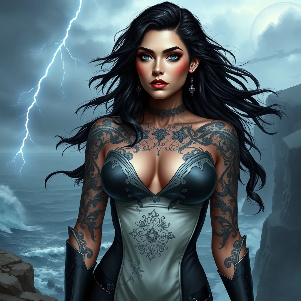 Yennefer with elegant, silver-lined tattoos that depict scenes of arcane rituals, dressed in a sleek, form-fitting outfit, standing on a cliff overlooking a stormy sea, lightning illuminating her face.