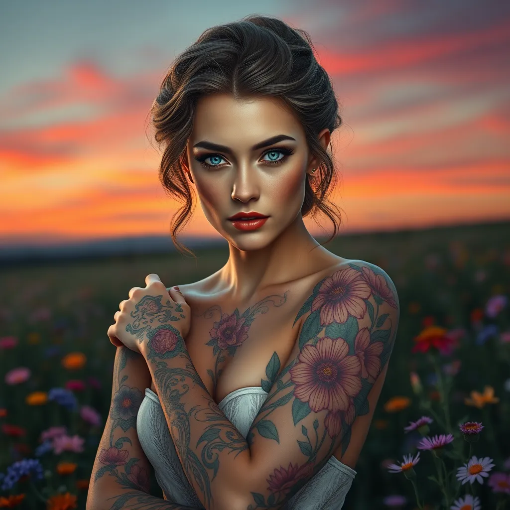 Katarina, a striking woman with mesmerizing blue eyes, adorned with intricate floral tattoos that cascade down her arms like blooming vines, standing amidst a field of vibrant wildflowers under a twilight sky.