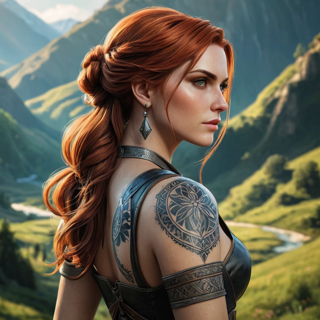 Triss Merigold, the compassionate and powerful mage from The Witcher 3, with tattoos that tell the story of her journey and battles, standing in a serene mountain valley, her hair cascading down her back, and her eyes reflecting both sorrow and hope.