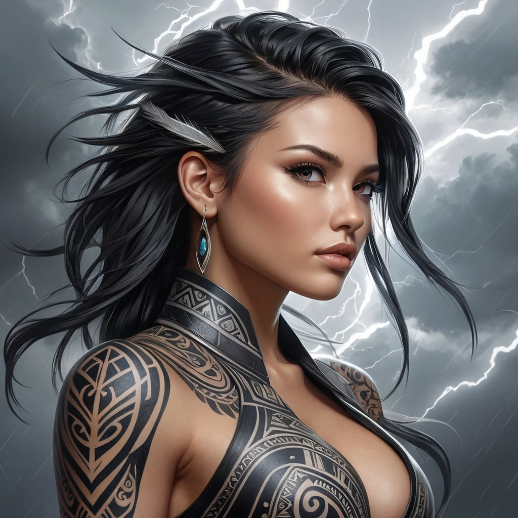 A powerful Sona with tribal-inspired tattoos, commanding a storm with her music, with lightning and thunder resonating in harmony around her.