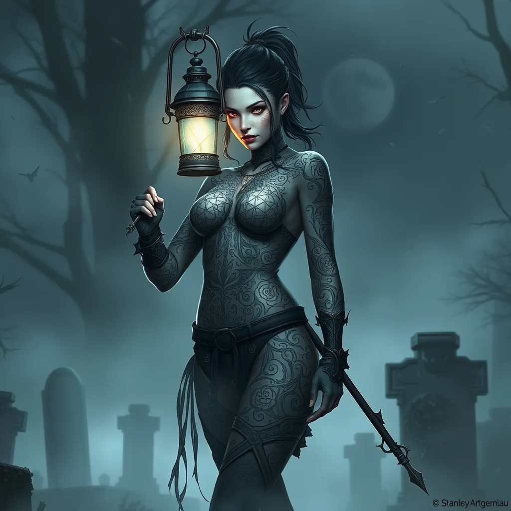 Vayne, the relentless tracker, her body marked with intricate, thorny tattoos that symbolize her relentless pursuit of justice, standing in a foggy graveyard with a lantern casting eerie light on her face.