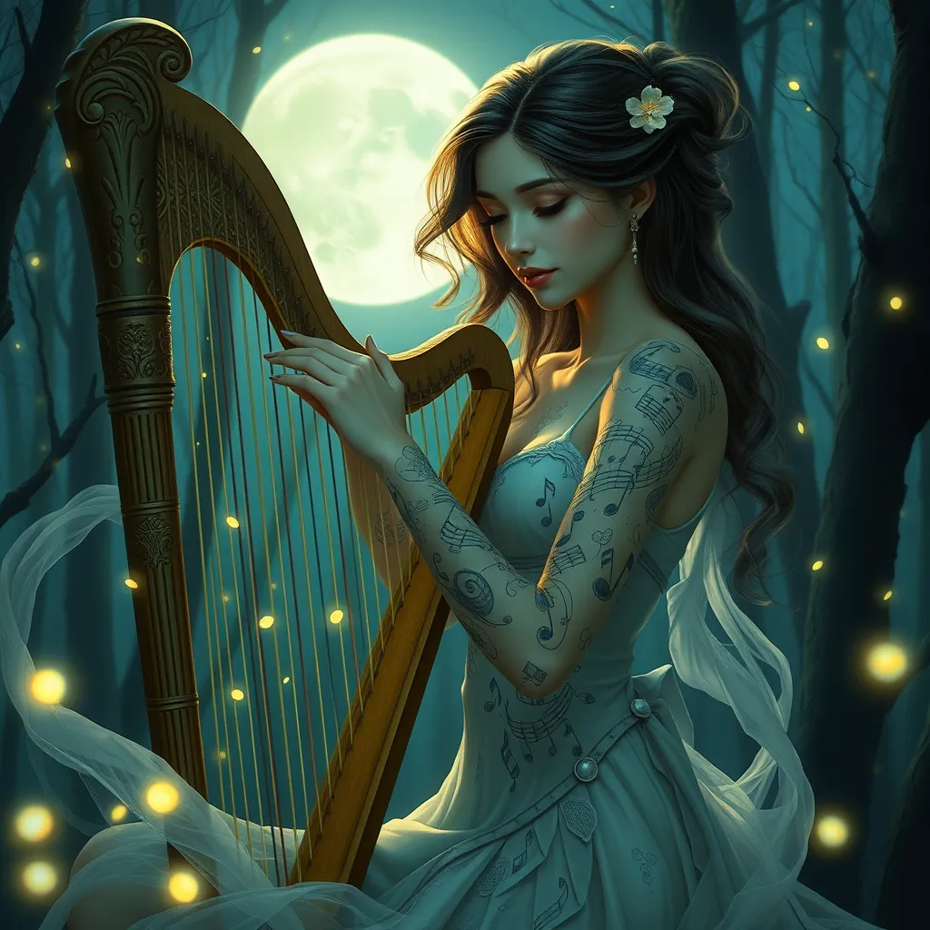 A graceful Sona with musical note tattoos adorning her ethereal skin, playing a luminous harp in a moonlit forest with glowing fireflies.