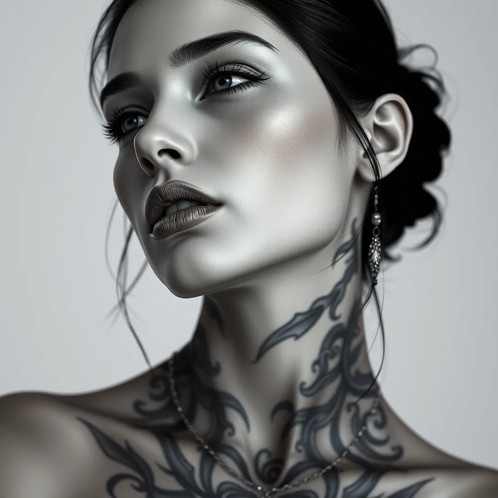 A close-up of Quinn's face, her features delicate yet strong, with tattoos that weave around her neck and jawline, creating a striking contrast against her smooth, porcelain skin, set against a minimalist, monochrome background.