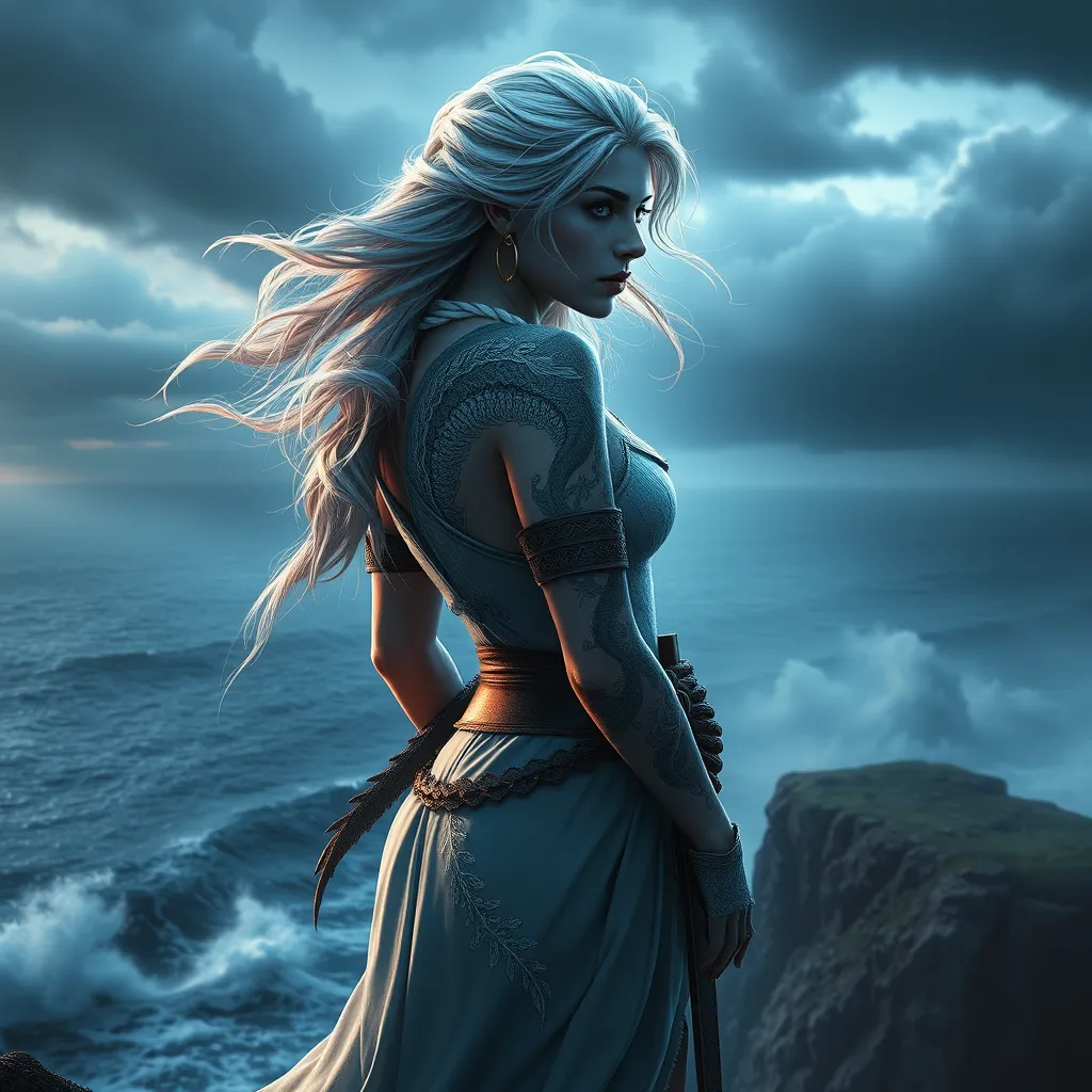 Ciri from The Witcher 3, adorned with mystical dragon tattoos that shimmer with ethereal light, standing on a cliff overlooking a stormy sea, wind blowing her hair, dramatic sky, ultra-detailed, 8K