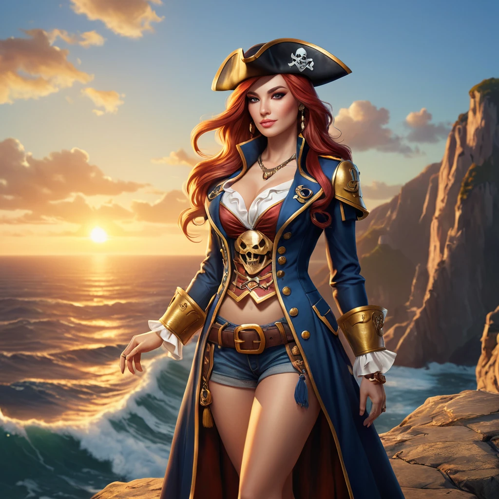 Miss Fortune from League of Legends, her skin adorned with nautical-themed tattoos, wearing a pirate captain's hat and a long coat, standing on a cliff overlooking a vast ocean, the sunset casting a golden glow on her, highly detailed, ultra-realistic, 6K resolution