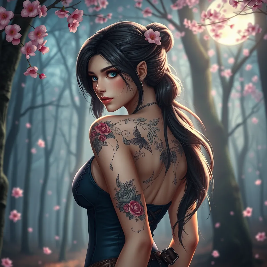 Tifa Lockhart with elegant, floral tattoos adorning her shoulders and upper back, standing in a serene, moonlit forest with cherry blossoms falling around her.