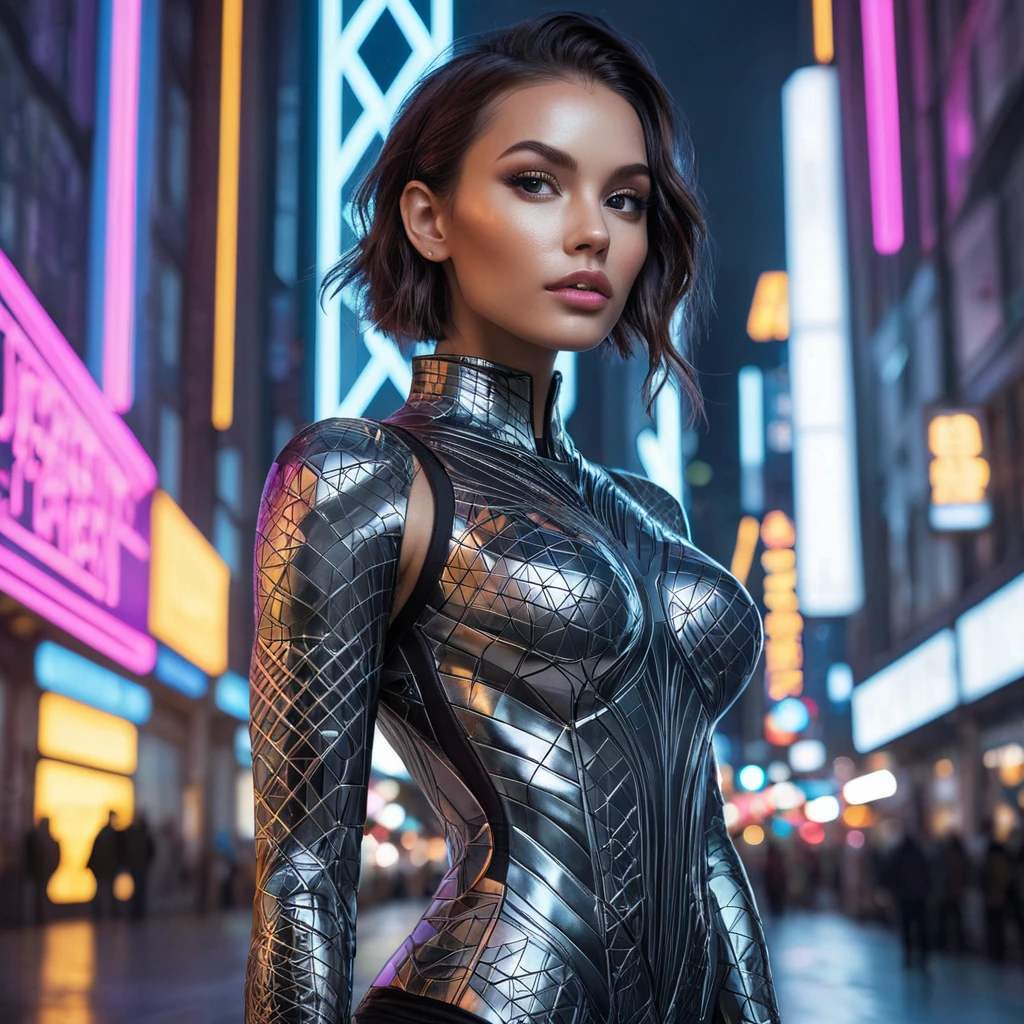 A stunning Vex with intricate geometric tattoos covering their metallic body, standing in a futuristic cityscape with neon lights reflecting off their surface.