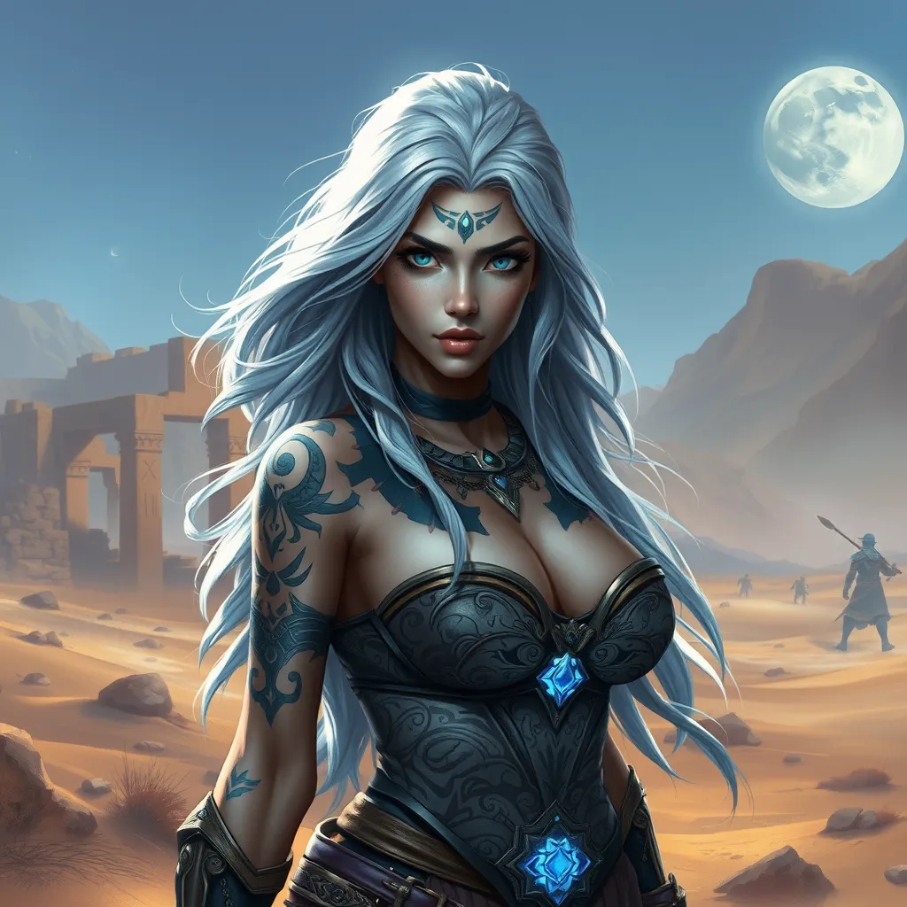 Sivir, the mercenary with striking blue eyes and flowing silver hair, adorned with intricate tribal tattoos that glow faintly in the moonlight, standing confidently in a desert landscape with a backdrop of ancient ruins.