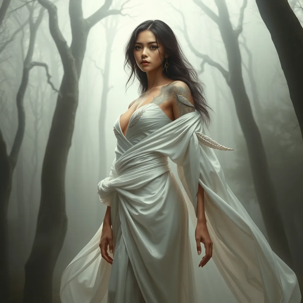 Sona, with delicate, feather-like tattoos that flutter across her shoulders and down her spine, dressed in a flowing, white silk robe, standing in a misty, enchanted forest with ghostly trees surrounding her.