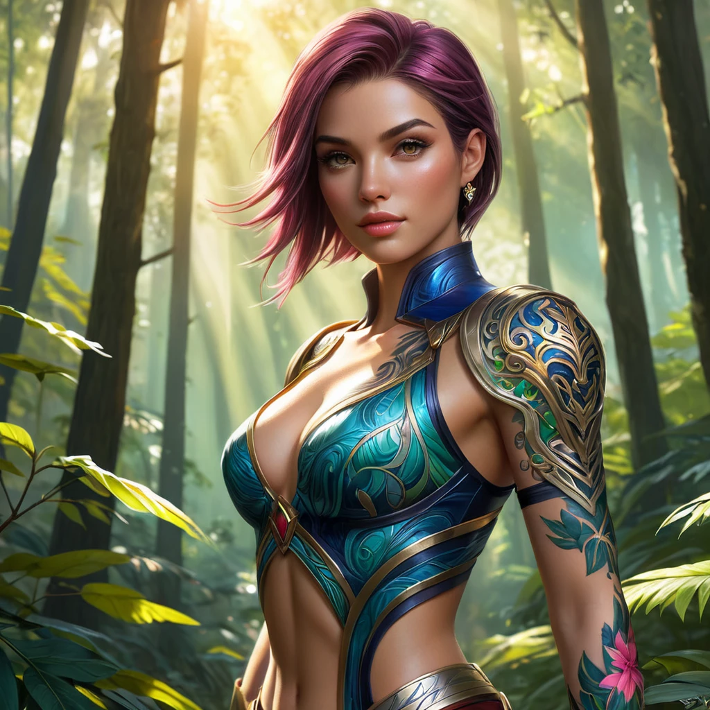 Fiora, the poised and confident swordswoman, her skin decorated with vibrant, abstract tattoos that shimmer like jewels, standing in a lush forest with sunlight filtering through the trees, her presence commanding respect.