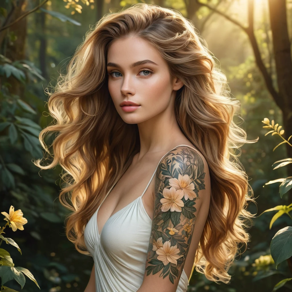 Quinn, a graceful figure with flowing hair and a serene expression, her skin adorned with delicate floral tattoos that bloom like a garden, standing in a tranquil forest bathed in golden sunlight.