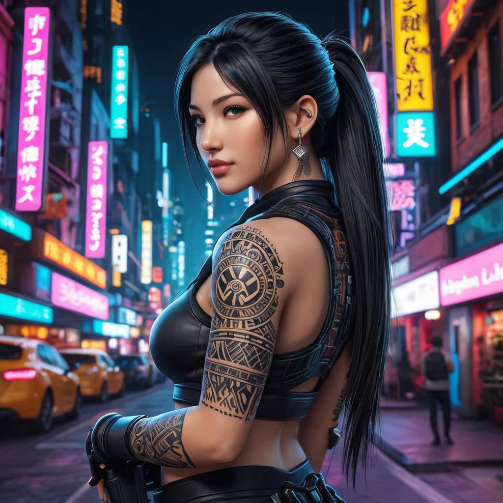 A stunning portrait of Tifa Lockhart with intricate tribal tattoos covering her arms and back, set against a vibrant, neon-lit cyberpunk cityscape.