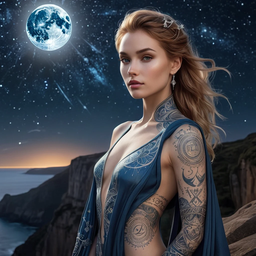 Quinn, a vision of ethereal beauty, her skin painted with mystical symbols and celestial tattoos that glow softly in the moonlight, standing on a cliff overlooking a vast, starry night sky.