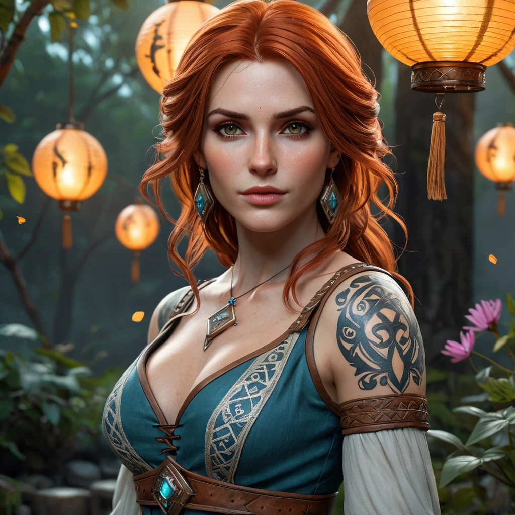 Triss Merigold, the fierce and beautiful sorceress from The Witcher 3, with tattoos that resemble magical runes and symbols, standing in a mystical garden with floating lanterns and glowing flowers, her presence exuding both strength and grace.