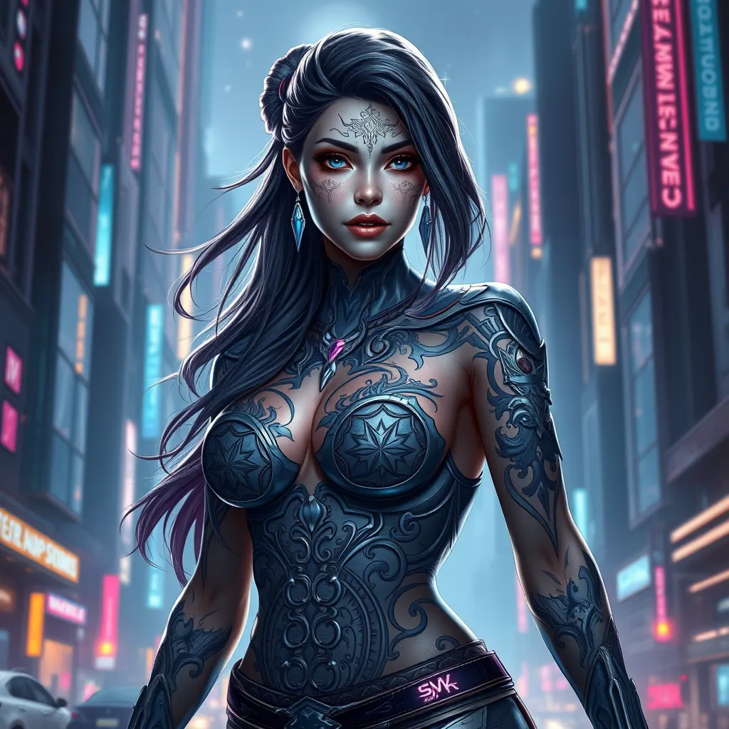 Sivir, the legendary bounty hunter, her skin decorated with intricate, celestial tattoos that reflect her connection to the stars, standing in a futuristic cityscape with neon lights illuminating her path.