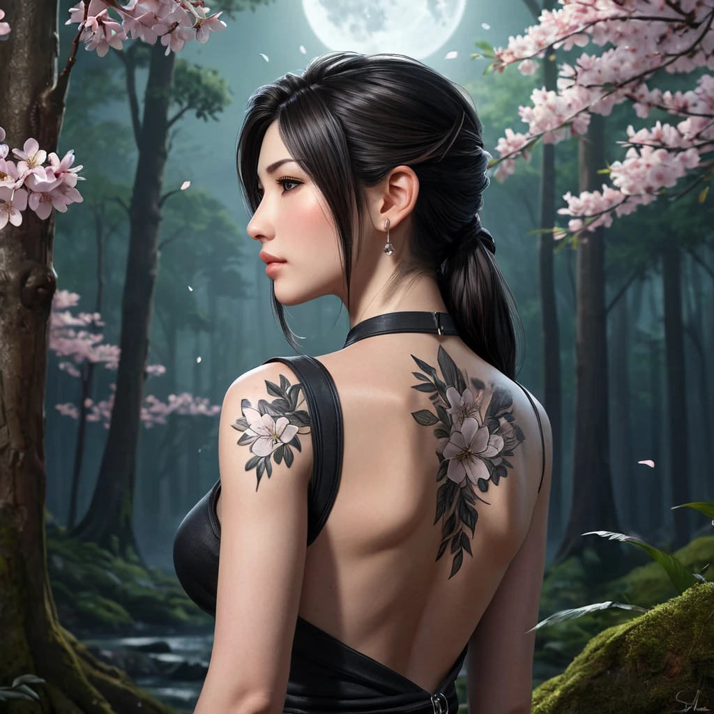 Tifa Lockhart with elegant, floral tattoos adorning her shoulders and upper back, standing in a serene, moonlit forest with cherry blossoms falling around her.