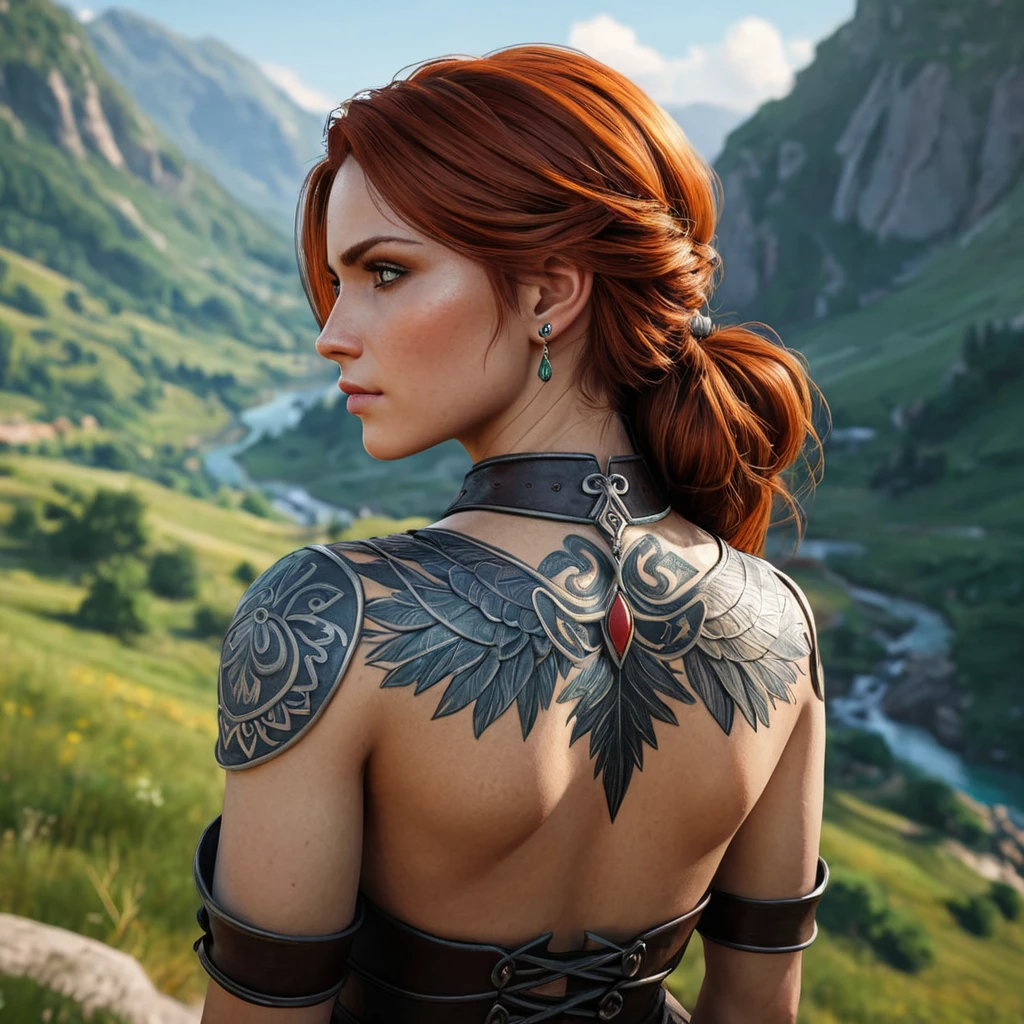 Triss Merigold, the compassionate and powerful mage from The Witcher 3, with tattoos that tell the story of her journey and battles, standing in a serene mountain valley, her hair cascading down her back, and her eyes reflecting both sorrow and hope.