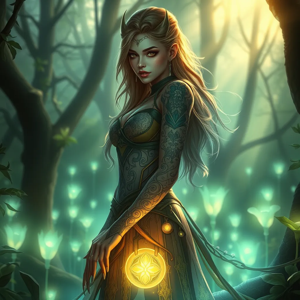 Lux, the radiant mage, adorned with intricate tattoos that glow with arcane energy, standing in a mystical forest with bioluminescent plants casting a soft, ethereal light on her skin.