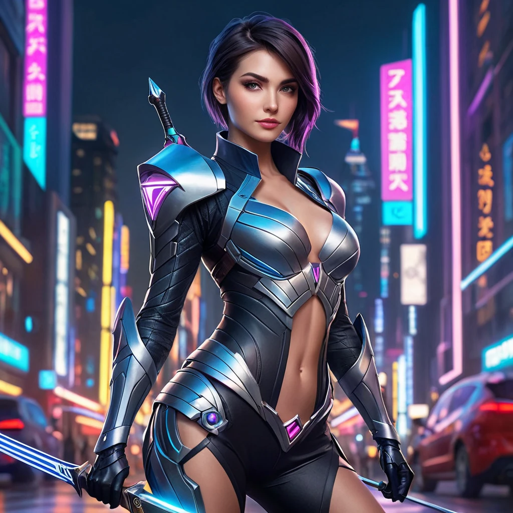 Fiora from League of Legends with geometric tattoos forming intricate patterns on her skin, standing in a futuristic cityscape with neon lights reflecting off her polished armor, her rapier ready for combat.