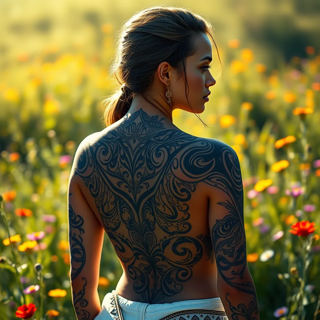 Samira, a striking woman with intricate tribal tattoos adorning her arms and back, stands confidently in a sunlit meadow. Her tattoos glow with a subtle luminescence, blending seamlessly with the vibrant wildflowers that surround her.