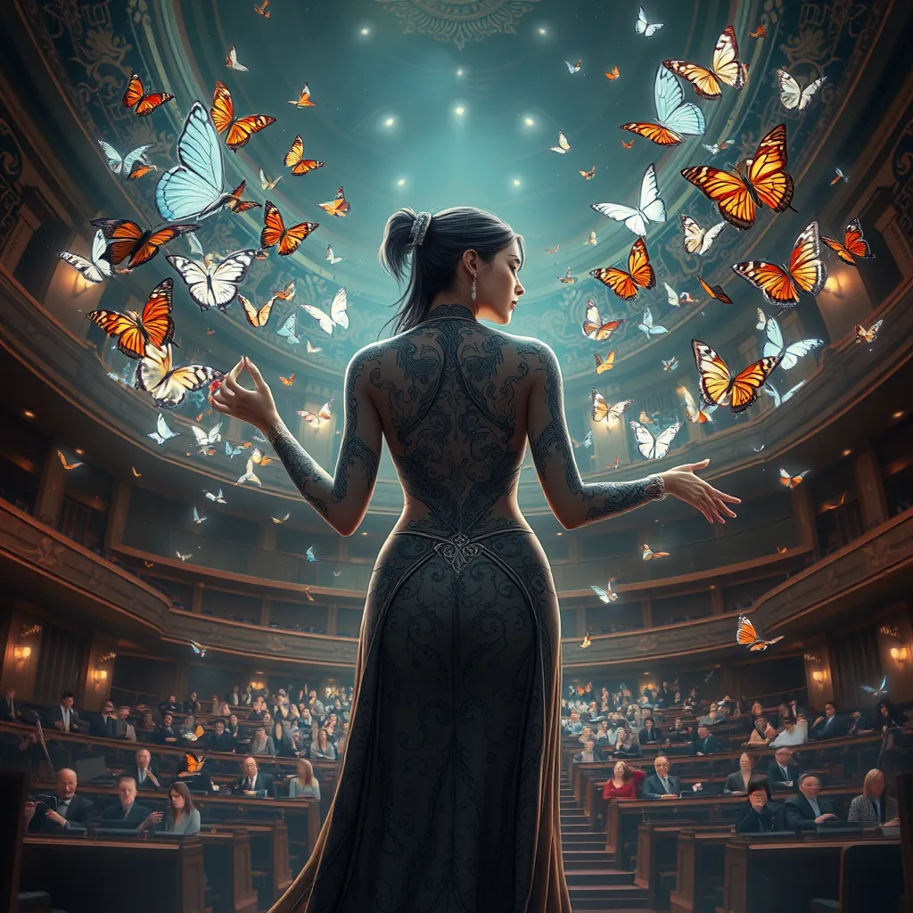 A majestic Sona with ancient script tattoos, standing in a grand concert hall, with her music notes transforming into butterflies that fill the air.