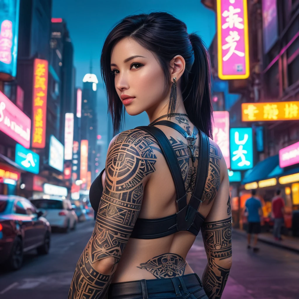 A stunning portrait of Tifa Lockhart with intricate tribal tattoos covering her arms and back, set against a vibrant, neon-lit cyberpunk cityscape.