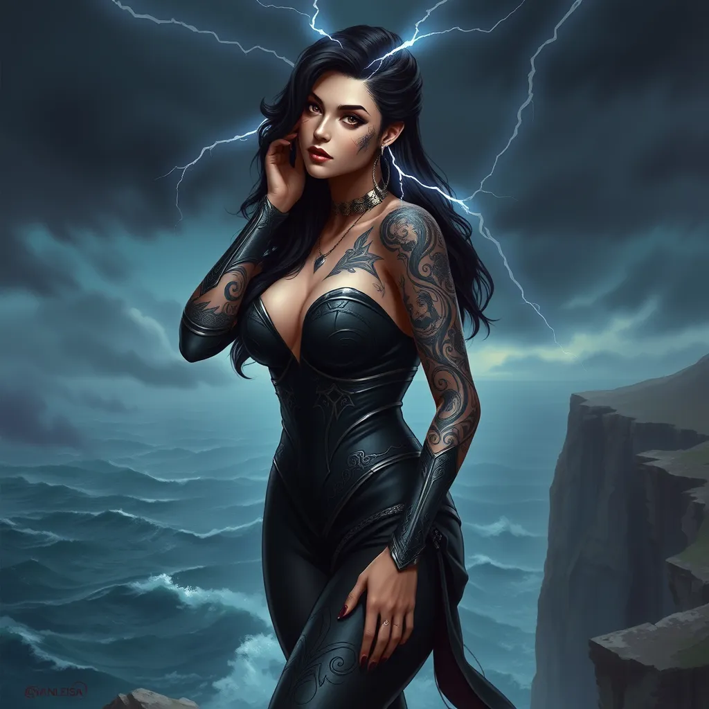 Yennefer with elegant, silver-lined tattoos that depict scenes of arcane rituals, dressed in a sleek, form-fitting outfit, standing on a cliff overlooking a stormy sea, lightning illuminating her face.