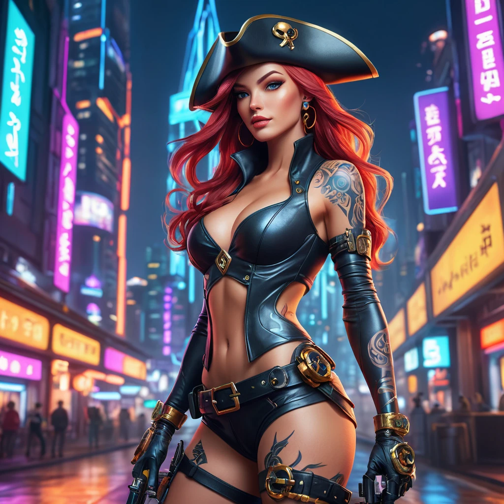 Miss Fortune from League of Legends, her body covered in tattoos that tell the story of her adventures, wearing a sleek, modernized pirate outfit, standing in a futuristic cityscape with neon lights reflecting off her pistols, cyberpunk style, ultra-detailed, 8K resolution