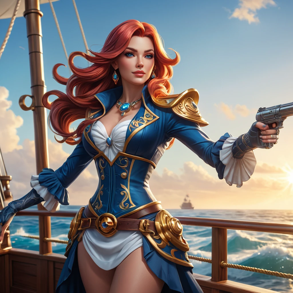 Miss Fortune from League of Legends, adorned with intricate tattoos that glow with a mystical aura, standing on the deck of her ship with the ocean waves crashing behind her, her dual pistols gleaming in the sunlight, cinematic lighting, high detail, 4K resolution