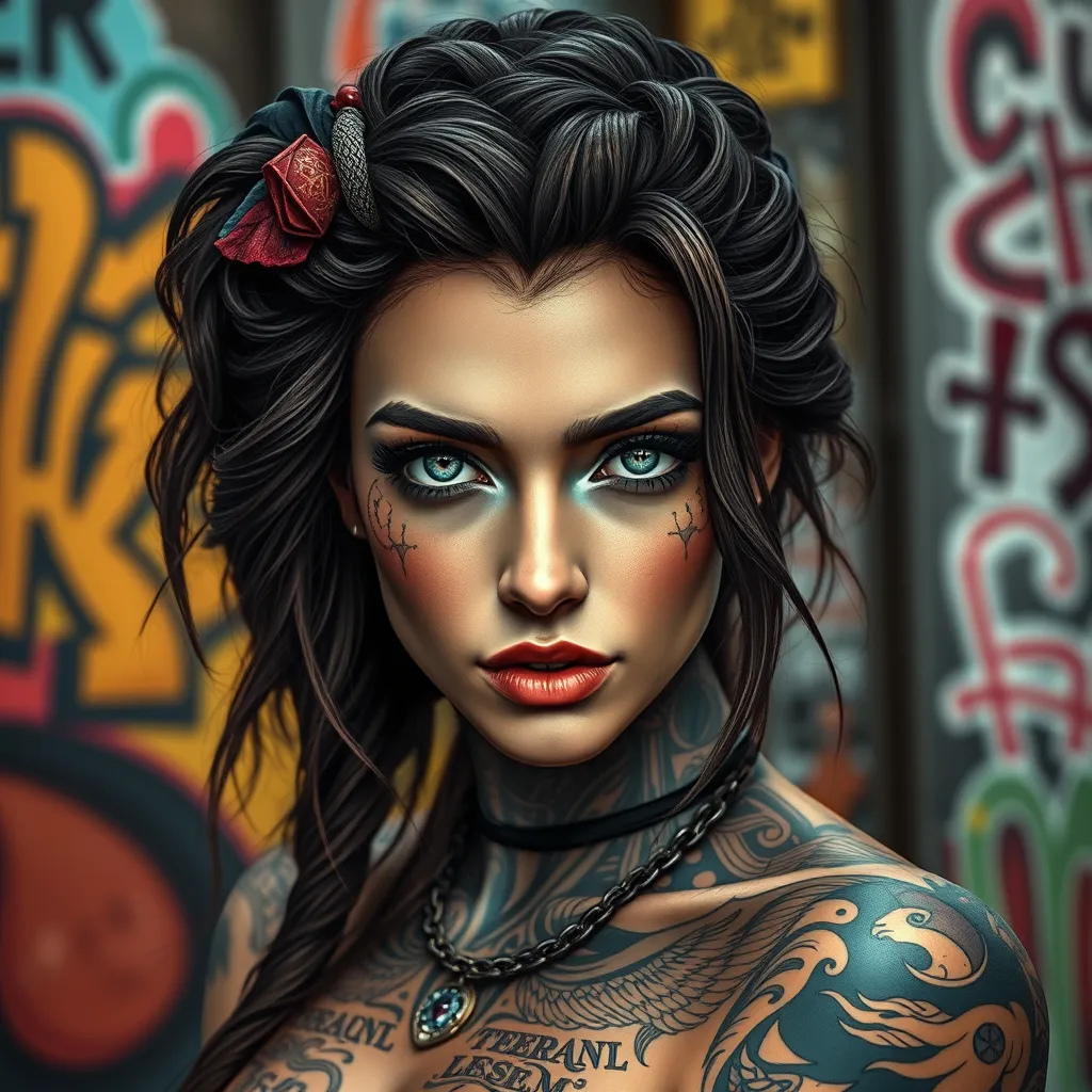 A stunning portrait of Quinn, a beautiful woman with mesmerizing eyes, adorned with intricate tattoos that tell a story of ancient myths and modern rebellion, set against a backdrop of a vibrant urban street art scene.