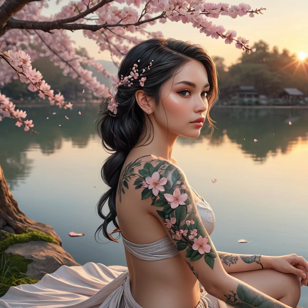 A serene Vex with nature-inspired tattoos, sitting by a tranquil lake at sunset, with cherry blossom petals gently falling around them.