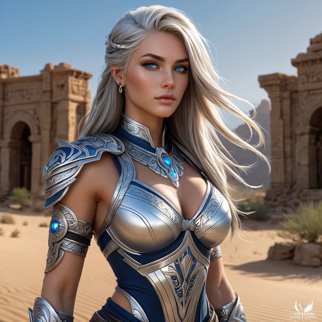 Sivir, the mercenary with striking blue eyes and flowing silver hair, adorned with intricate tribal tattoos that glow faintly in the moonlight, standing confidently in a desert landscape with a backdrop of ancient ruins.