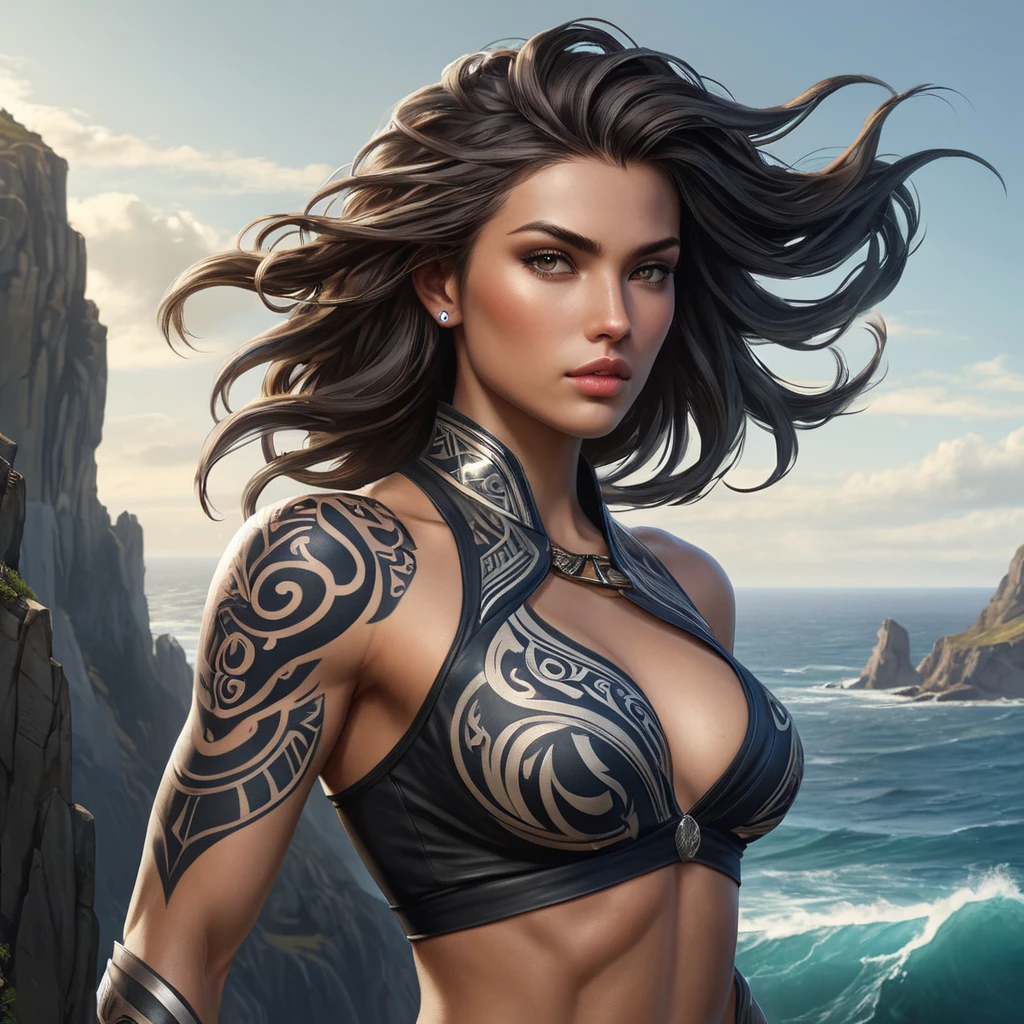 Fiora, the elegant fighter with a fierce gaze, her body covered in bold, tribal tattoos that tell the story of her battles, standing on a cliff overlooking a vast ocean, the wind blowing through her hair.