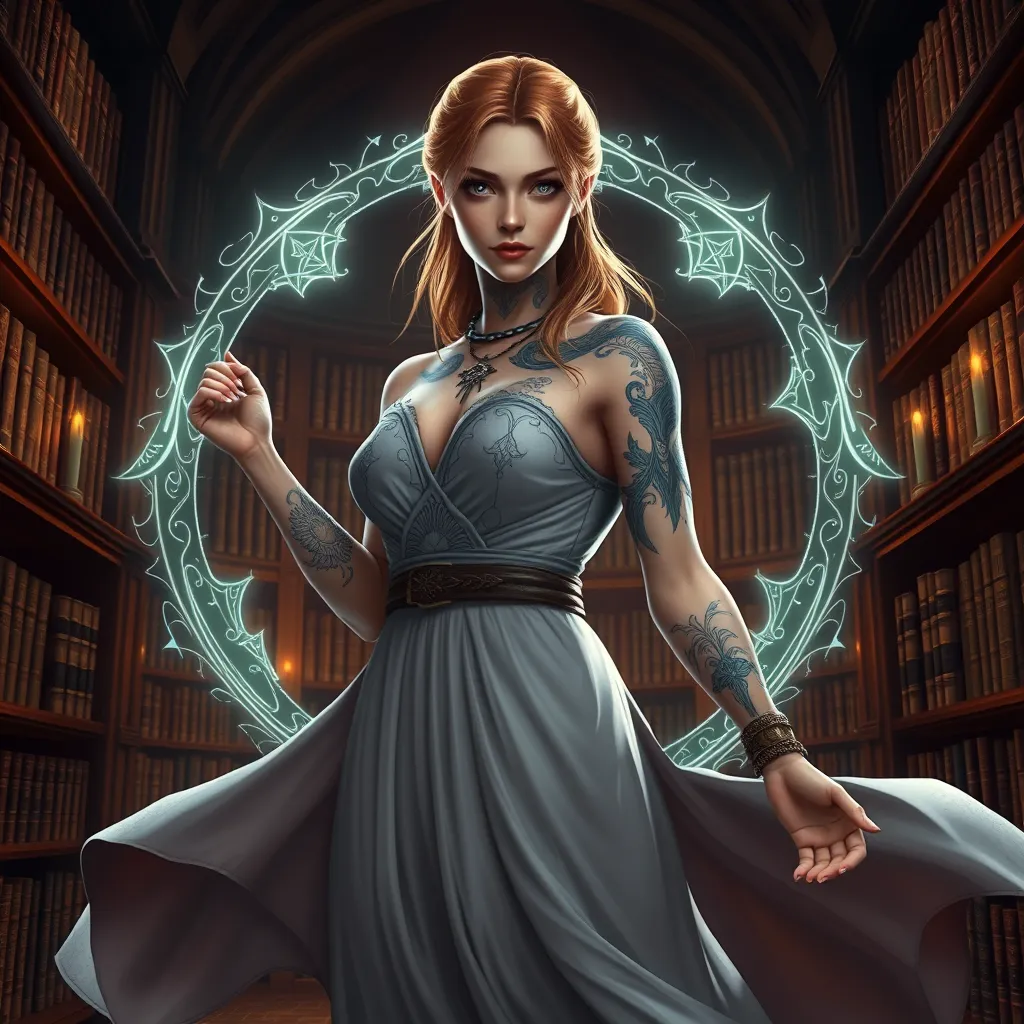 Triss Merigold, the beloved sorceress from The Witcher 3, with elegant tattoos that form a magical circle around her arms, standing in a grand library filled with ancient tomes, her dress flowing gracefully, and her eyes filled with wisdom and determination.