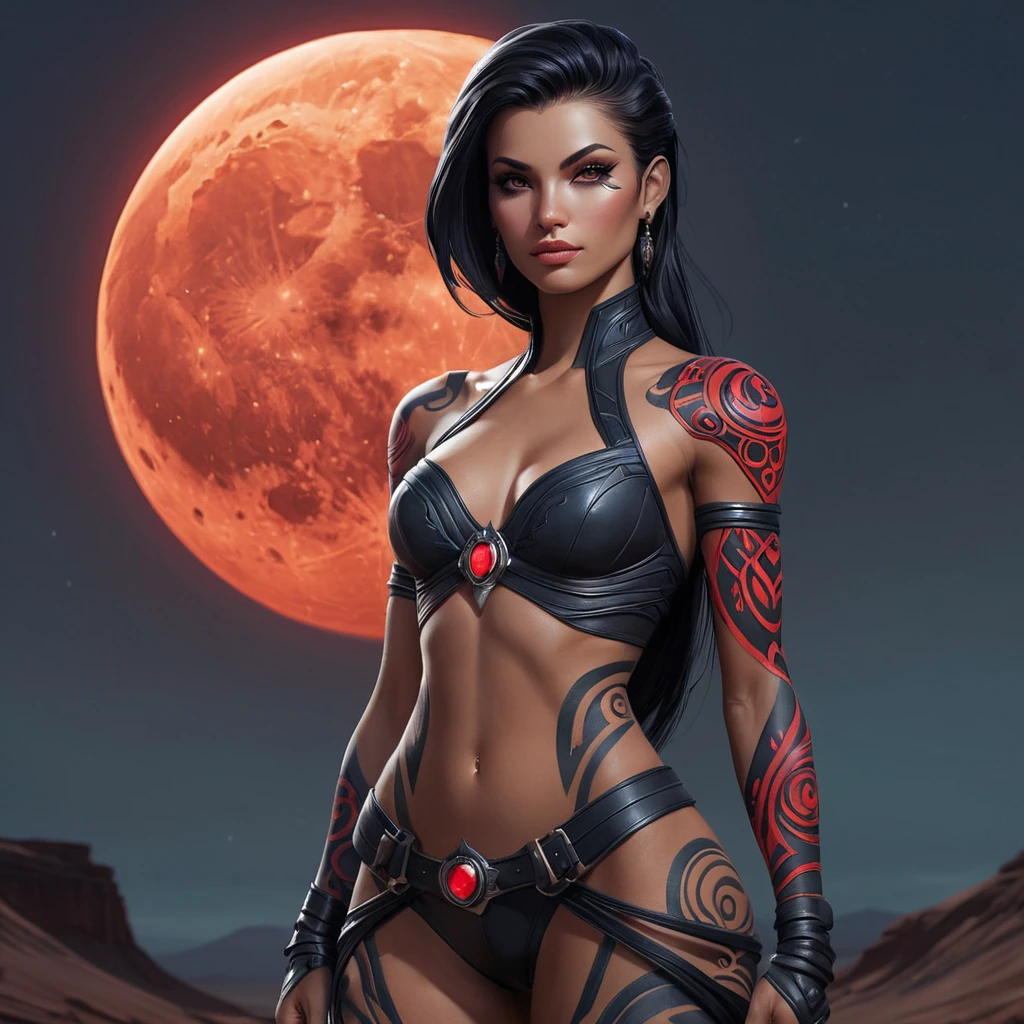 Vayne, the nightstalker, her body decorated with bold, tribal tattoos that glow faintly in the dark, standing in a desolate wasteland under a blood-red moon.