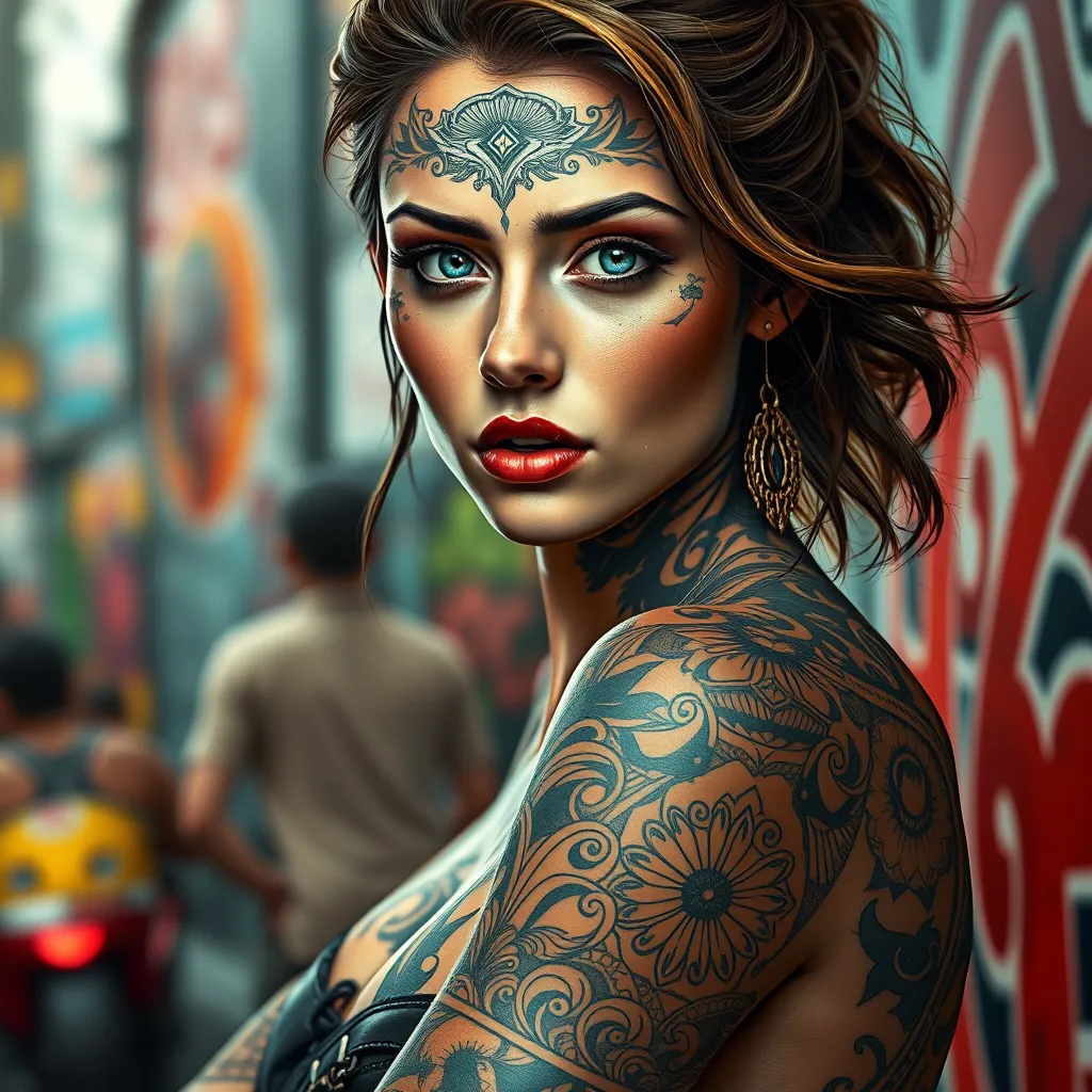 A stunning portrait of Quinn, a beautiful woman with mesmerizing eyes, adorned with intricate tattoos that tell a story of ancient myths and modern rebellion, set against a backdrop of a vibrant urban street art scene.