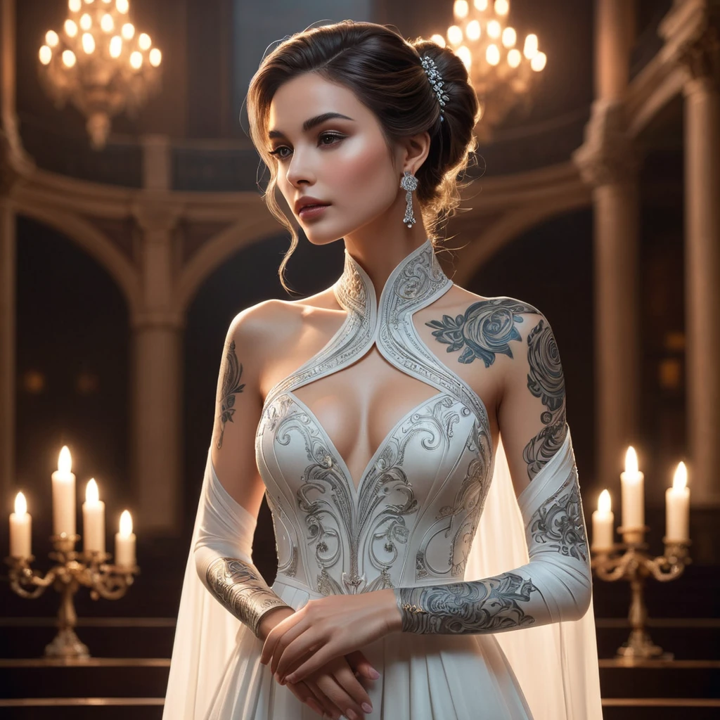 Sona, the silent enchantress, with elegant, musical-themed tattoos that cover her arms and back, wearing a flowing, ethereal gown with a high collar, standing in a grand, candlelit concert hall with her etwahl in hand.