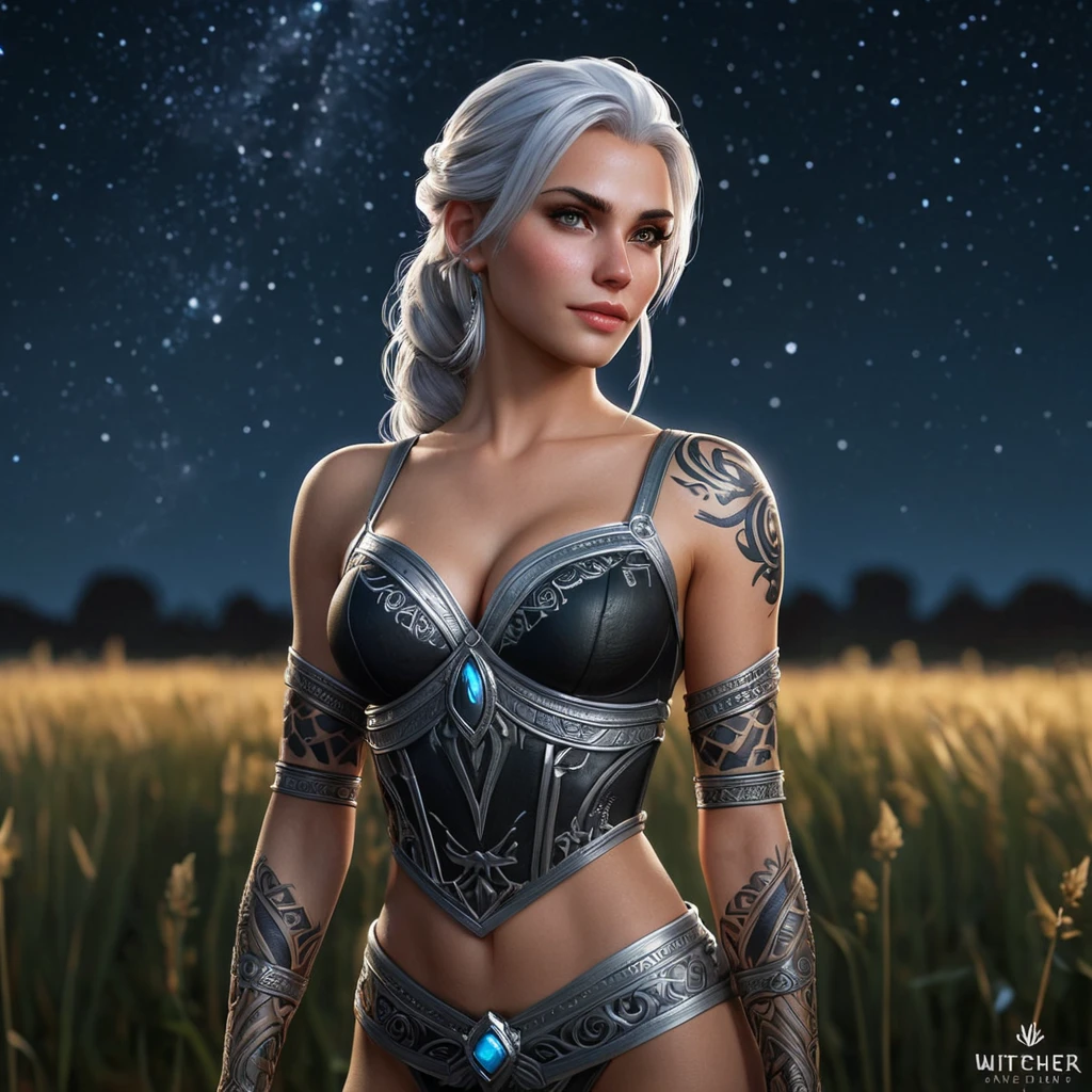 A breathtaking Nidalee from The Witcher 3, her skin adorned with intricate, celestial tattoos that glow with starlight, standing in a vast, open field under a clear night sky filled with countless stars.