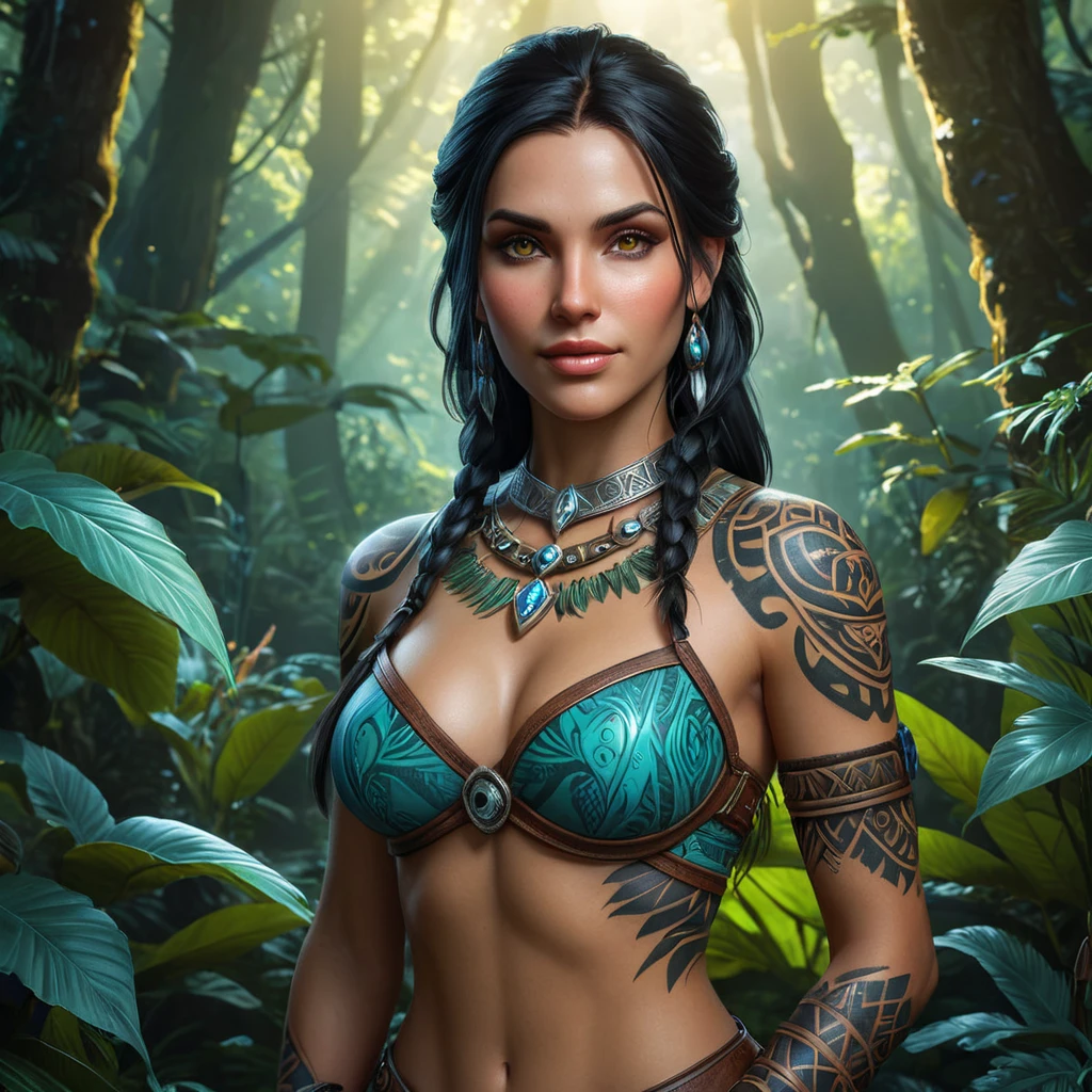 A stunning Nidalee from The Witcher 3, adorned with intricate tribal tattoos that glow with a mystical aura, standing in a lush, enchanted forest with bioluminescent plants illuminating her path.