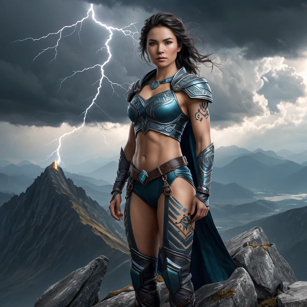 A powerful Vex with ancient rune tattoos, standing atop a mountain peak, with storm clouds brewing in the background and lightning striking around them.