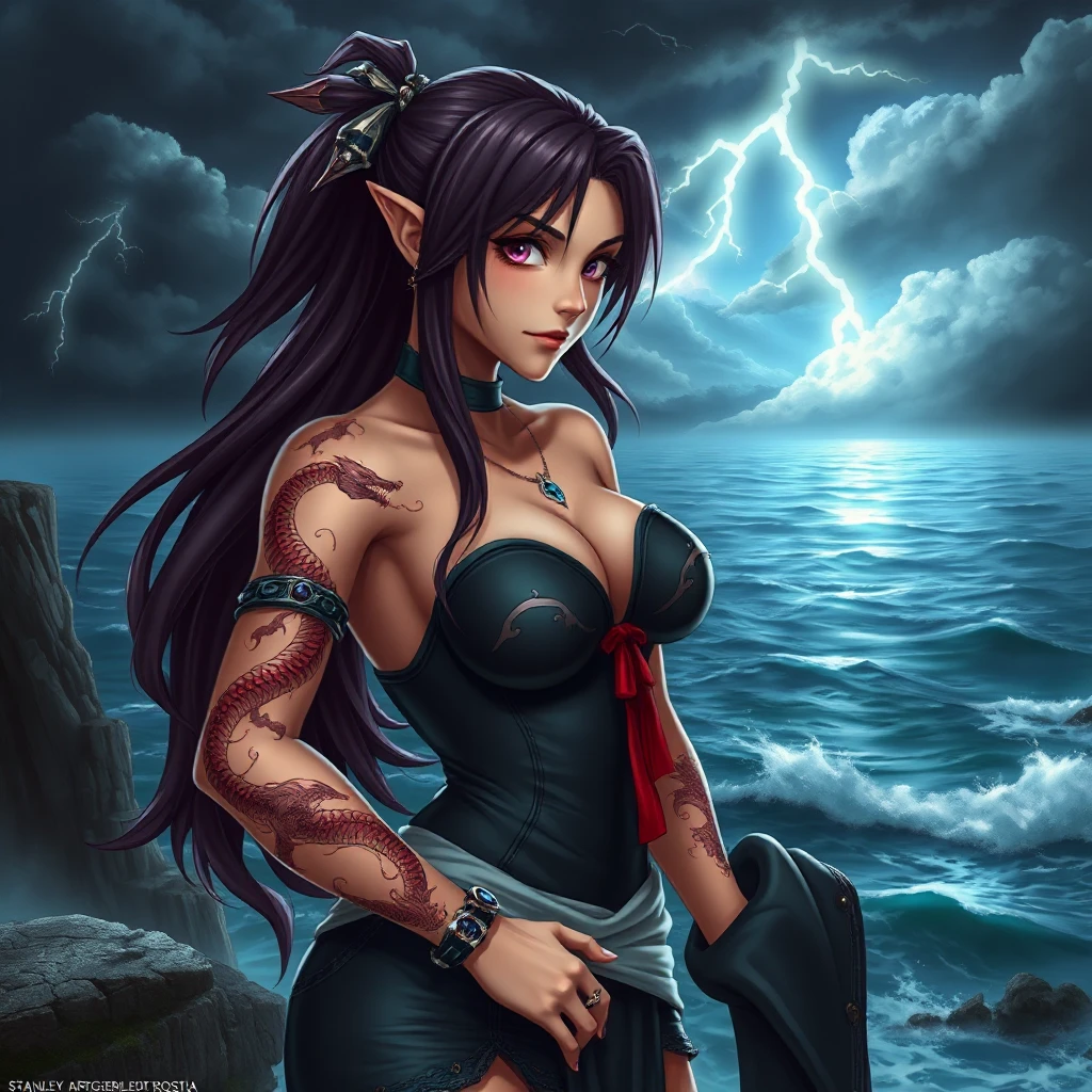 Tifa Lockhart with mystical, dragon-themed tattoos winding around her arms and chest, standing on a cliff overlooking a stormy sea, with lightning illuminating the sky.