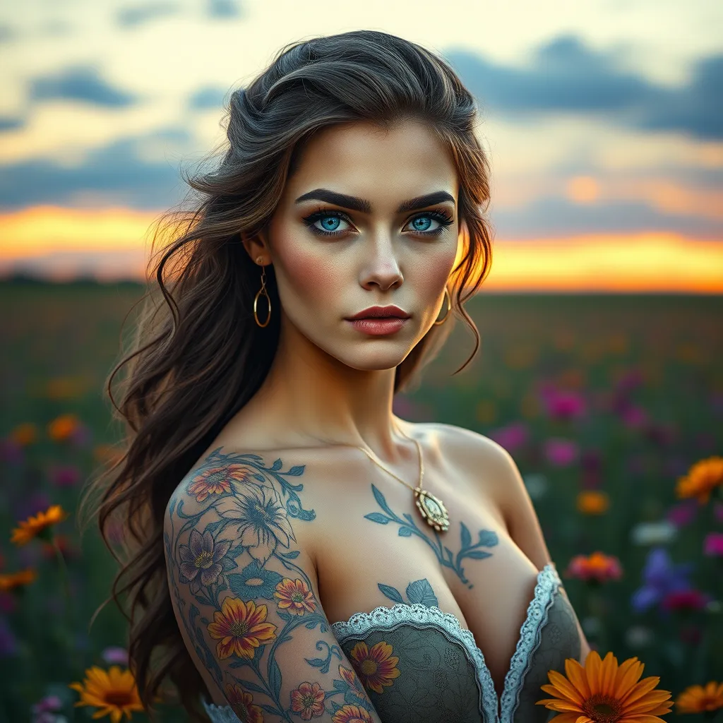 Katarina, a striking woman with mesmerizing blue eyes, adorned with intricate floral tattoos that cascade down her arms like blooming vines, standing amidst a field of vibrant wildflowers under a twilight sky.