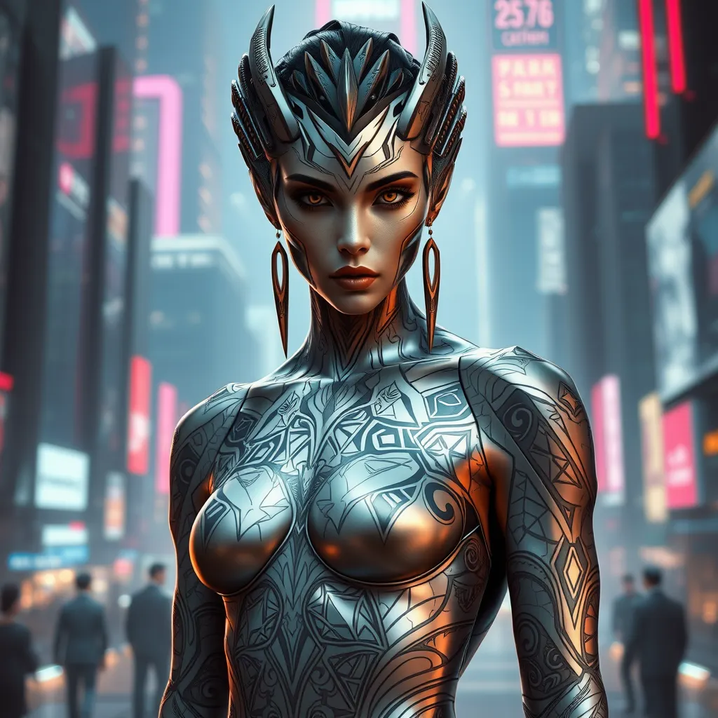 A stunning Vex with intricate geometric tattoos covering their metallic body, standing in a futuristic cityscape with neon lights reflecting off their surface.