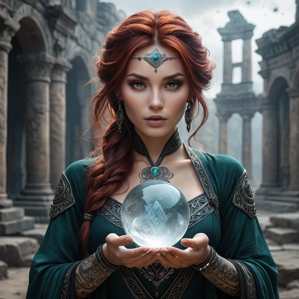 Katarina, a mysterious enchantress with mystical runes tattooed on her face and hands, surrounded by swirling mist and ancient ruins, holding a crystal ball that glows with inner light.